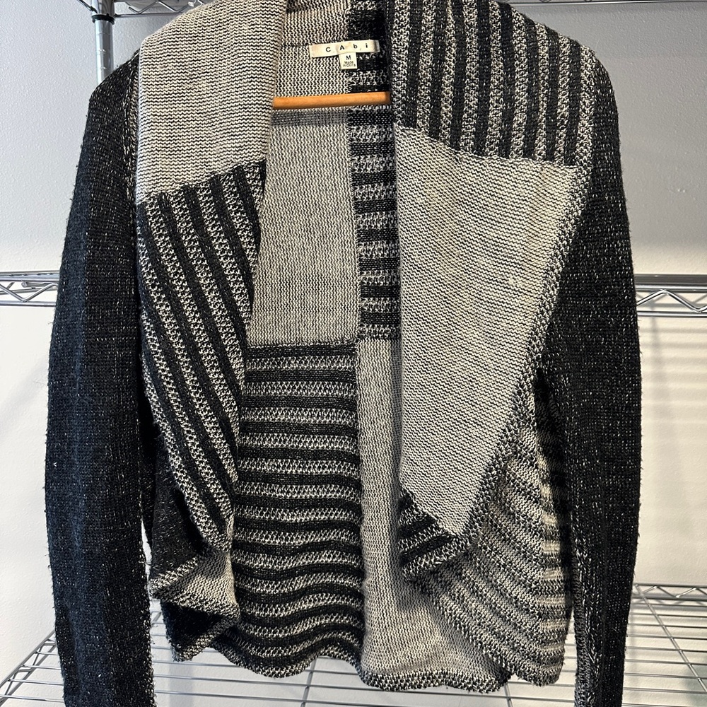 Vintage Cabi Black and Gray Striped Cardigan Round Neck Size M